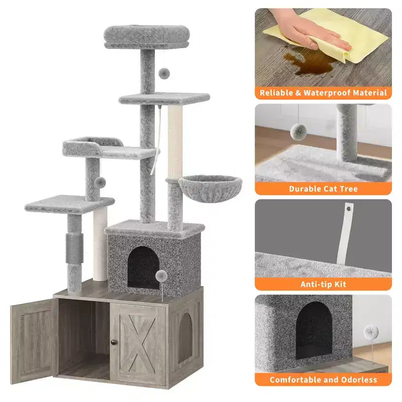 Arbre à chat et tour d'activité moderne 2-en-1 avec cache-litière, meuble pour chat tout-en-un, maison en bois avec espace litière caché pour chaton, avec hamac et poteaux à griffer