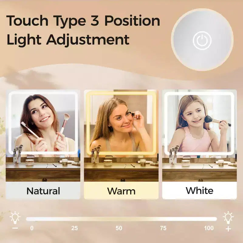 Coiffeuse avec miroir lumineux, table de maquillage Hollywood 3 couleurs dimmable avec 4 tiroirs