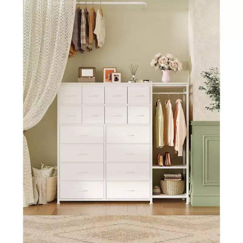 Commode de rangement avec 16 tiroirs, tringle à vêtements et étagères, organisateur de rangement en tissu pour chambre à coucher, placard ou entrée