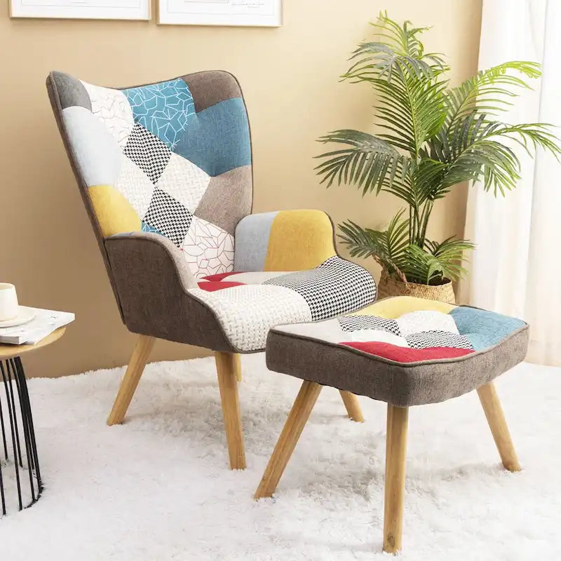 Fauteuil d'appoint avec pouf, ensemble fauteuil et pouf de salon, fauteuil d'appoint confortable pour chambre à coucher, surface en tissu à épissures créatives