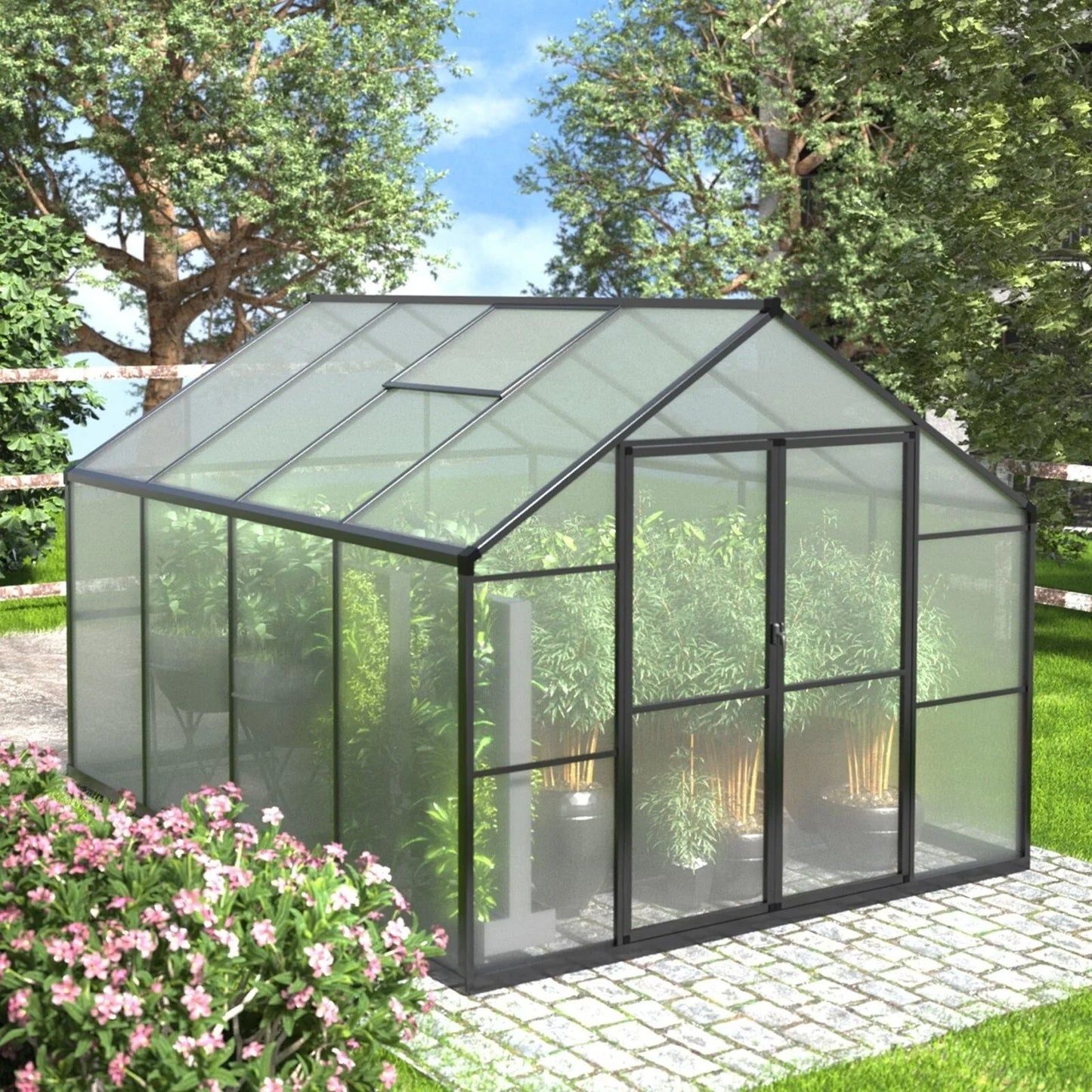 Serre de jardin aluminium VEIKOUS avec évent de toit réglable et porte verrouillable Grise