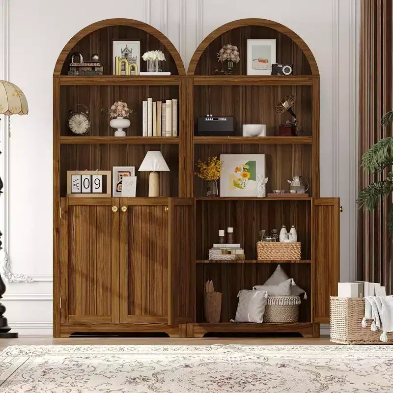 Meuble haut arqué GustoWave 71.6, Bibliothèque à 5 niveaux avec portes et étagères réglables, Armoire de rangement