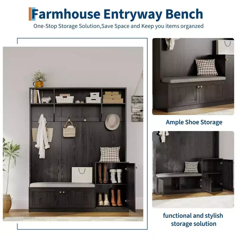 Banc et Rangement à Chaussures, Banc d'entrée de Ferme 3-en-1 avec Porte-Manteau, 4 Crochets, 4 Casiers à Chaussures et 3 Compartiments Ouverts, pour Entrée, Vestiaire
