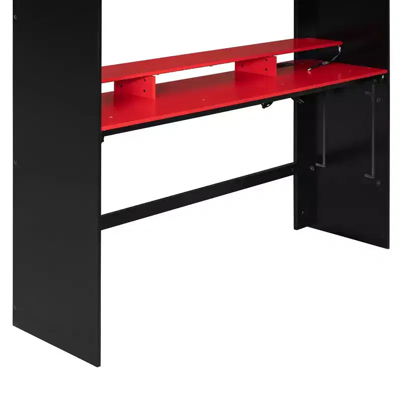 Lit mezzanine double Luxystar avec bureau réglable lumineux, armoire ouverte et bibliothèque