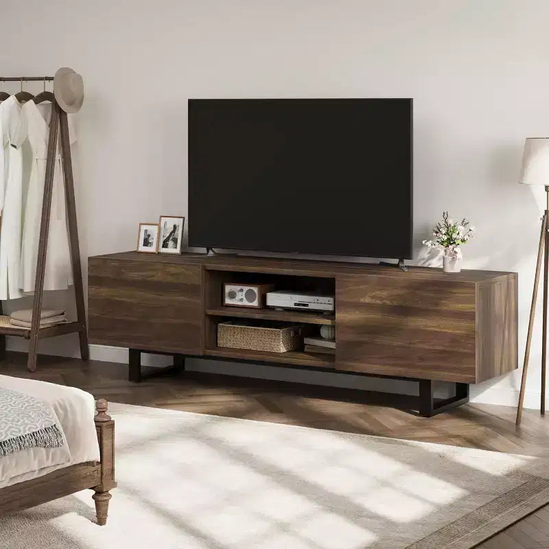 Meuble TV industriel de 75 pouces avec 2 tiroirs, console média en bois robuste pour salon et chambre à coucher