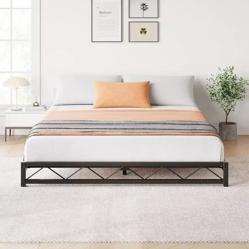 Lit plateforme en métal ondulé 1 pièce – 6 profil bas taille Queen, lattes en acier, aucun sommier tapissier requis, convient aux matelas standards