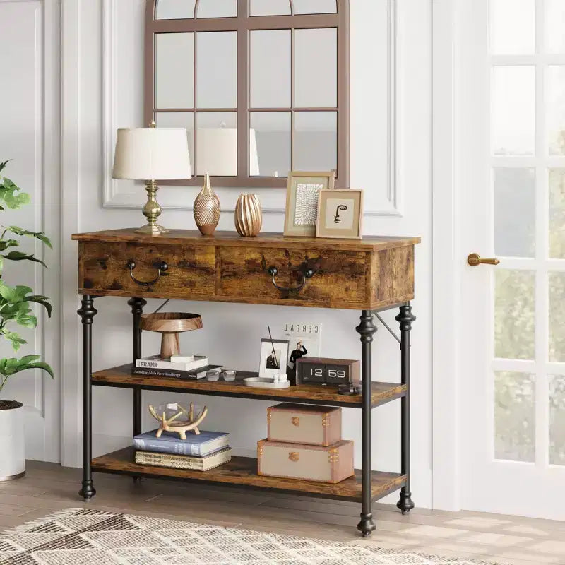 Console d'entrée, petite table d'entrée avec 2 tiroirs, table console étroite avec étagère de rangement pour salon