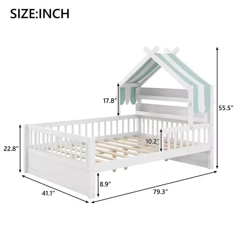 Lit cabane en bois ModernLuxe (taille lit simple/double) avec tête de lit de rangement, cadre de lit pour enfants en pin massif avec barrières de sécurité