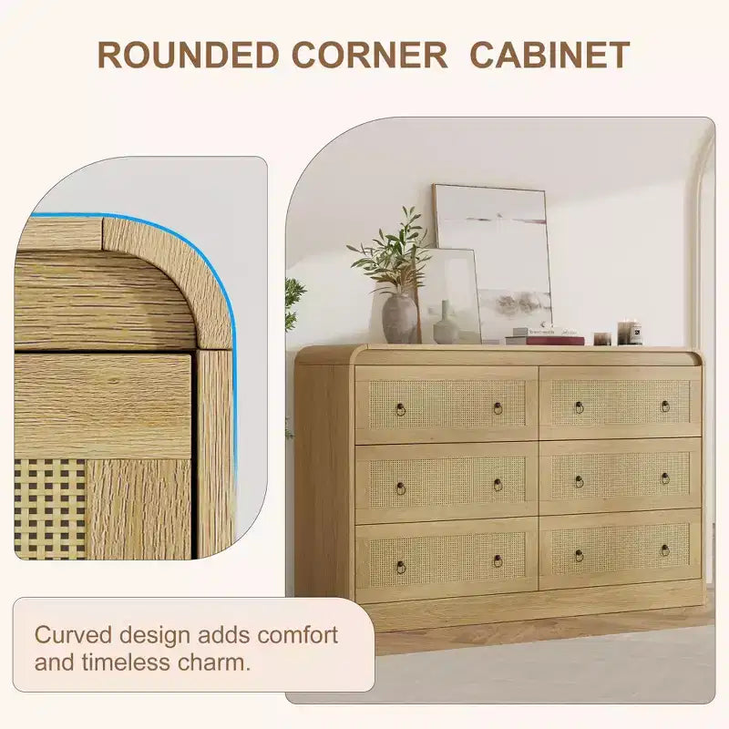Commode à 6 tiroirs en rotin pour chambre à coucher, commode en bois de 117 cm de large, meuble TV, organisateur de rangement pour vêtements pour salon, noir