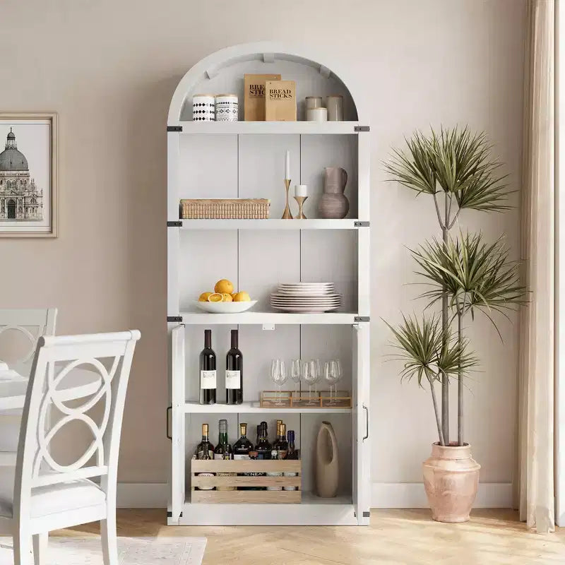 Bibliothèque GustoWave avec portes, étagère arquée de 182 cm de haut, meuble de rangement de style ferme avec étagères, bibliothèques en bois pour bureau à domicile