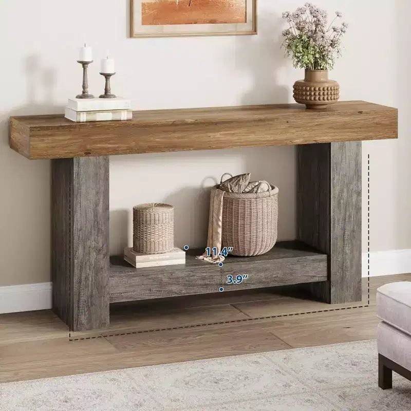 Console 2 niveaux pour salon et entrée, grande table de canapé avec rangement, table d'entrée de couloir, longue table d'entrée pour l'organisation de la décoration