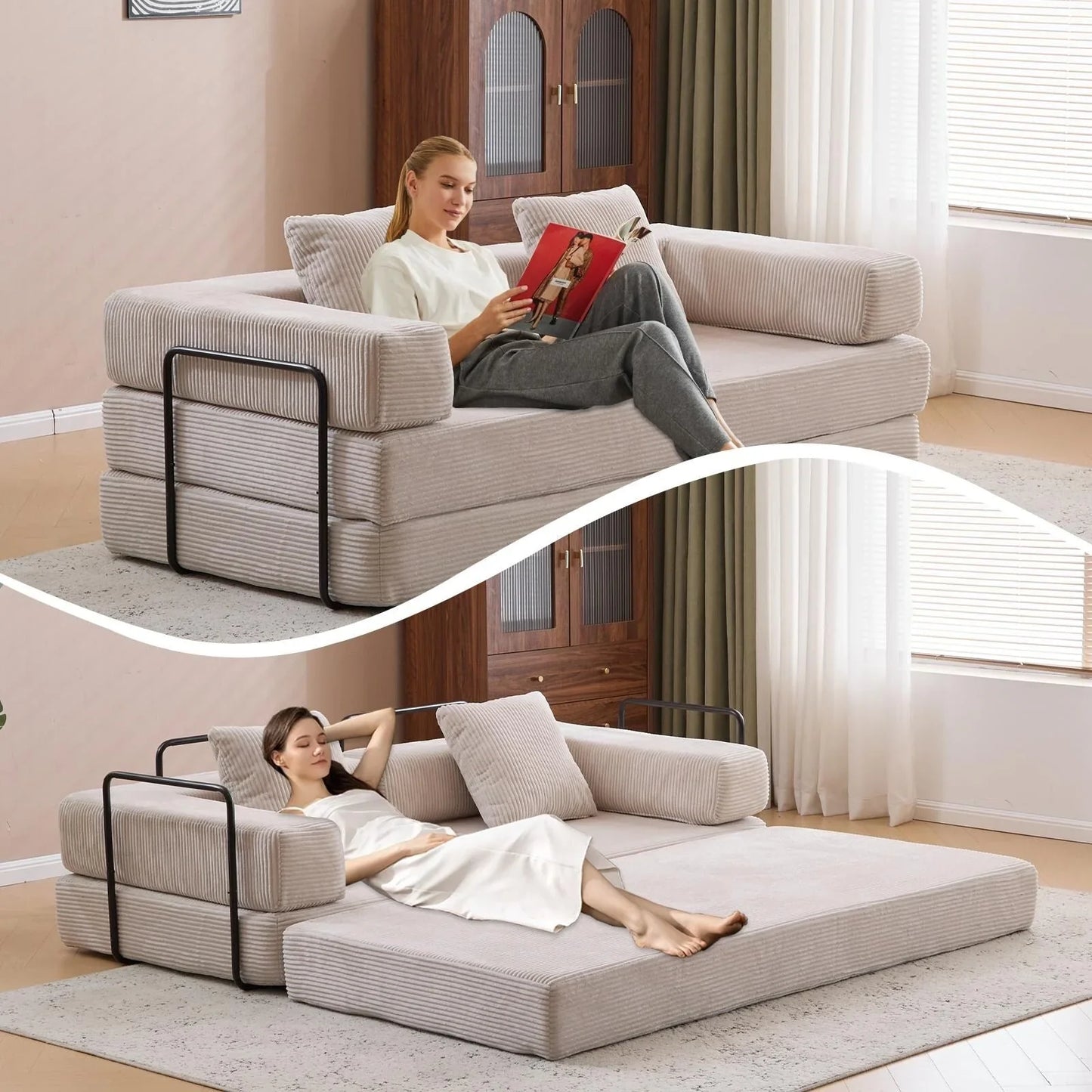 Canapé-lit convertible avec dossier à oreillers en tissu chenille pour salon et chambre