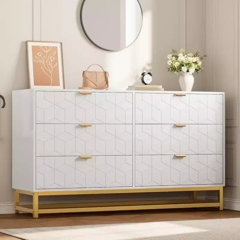 Commode Blanche à 6 Tiroirs DobleePy avec Pieds en Métal Doré, Grande Commode de Rangement de 136 cm de Large pour Chambre, Salon, Entrée