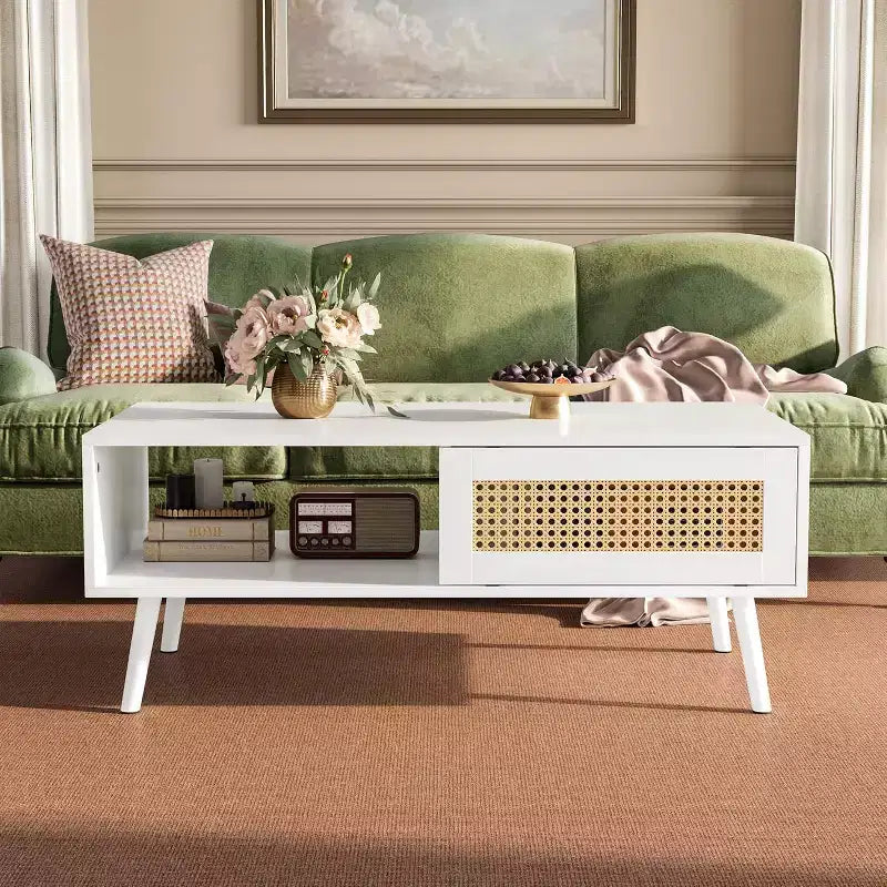 39.4 Table basse bohème en rotin, table de salon moderne en bois avec porte coulissante et étagère de rangement ouverte, patins antidérapants