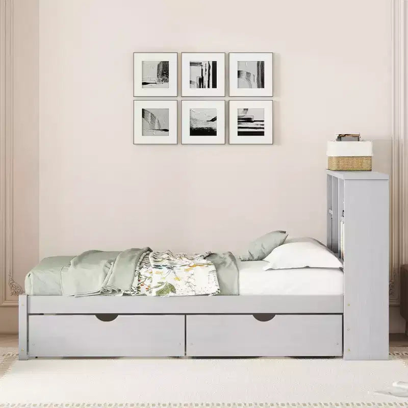 Bellemave Lit plateforme jumeau avec tête de lit bibliothèque et 2 tiroirs de rangement, lit plateforme en panneau de particules avec port de chargement USB