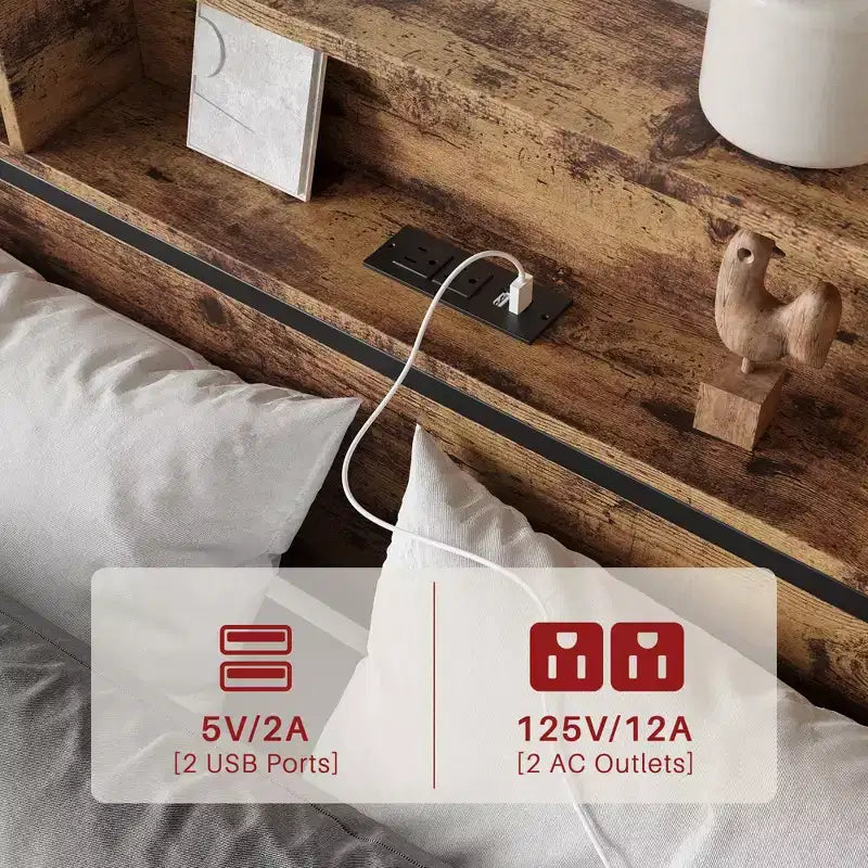 MAYEERTY Lit Plateforme Marron en Métal Taille Queen avec Cadre 4 Tiroirs de Rangement Tête de Lit en Bois Station de Recharge Pas de Sommier Tapissier Sans Bruit Assemblage Facile