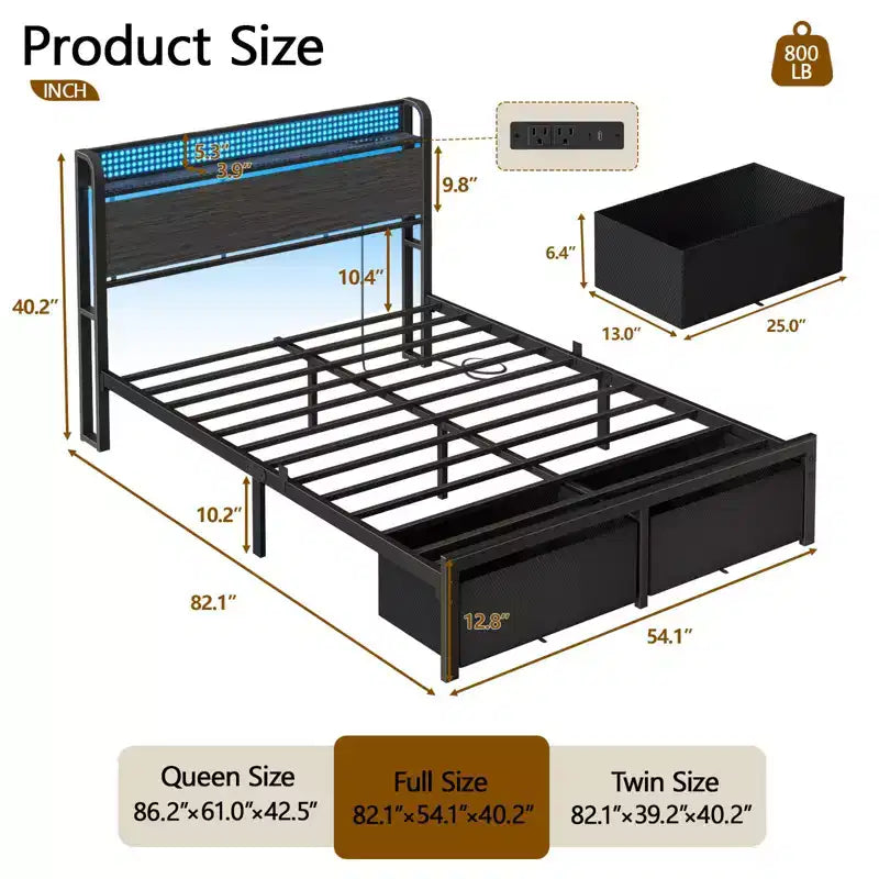 Cadre de lit plateforme pleine grandeur 2 tiroirs de rangement Tête de lit Lumières LED Station de charge Métal Bois robuste Pas besoin de sommier Chambre d'amis USB