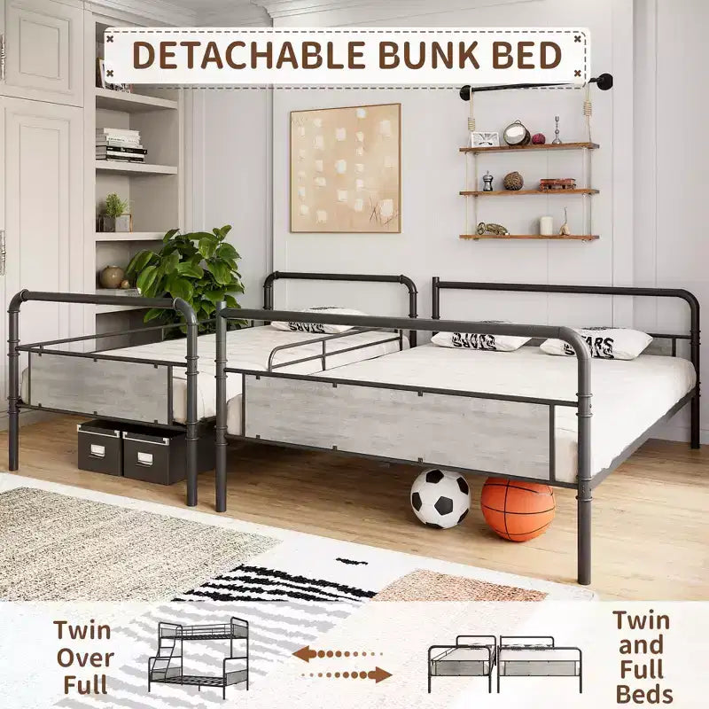 Lit superposé double avec lit inférieur double et barrière de sécurité haute, lits superposés convertibles en métal de taille double pour enfants/adolescents, montage facile, aucun sommier tapissier requis