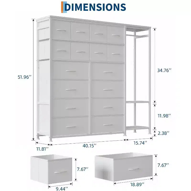 Commode de rangement avec 16 tiroirs, tringle à vêtements et étagères, organisateur de rangement en tissu pour chambre à coucher, placard ou entrée