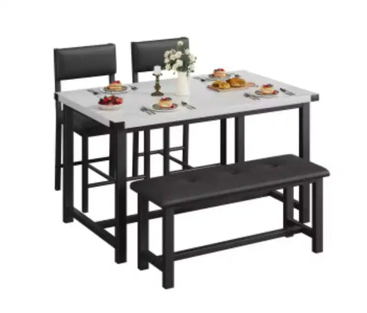 1 ensemble de salle à manger industriel avec 1 table + 1 banc + 2 chaises, panneau de particules et MDF,