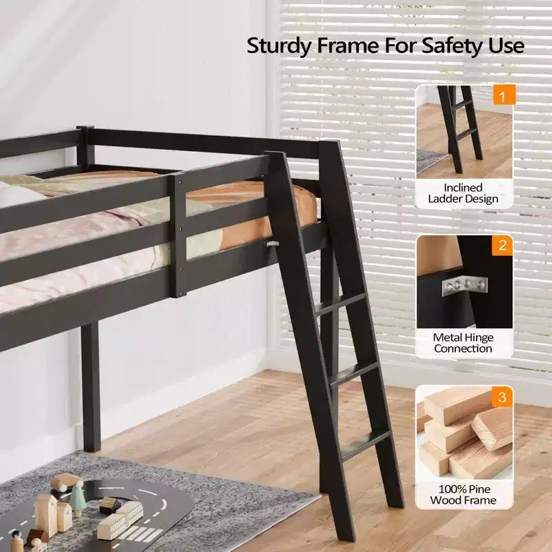 Lit mezzanine Karl Home Gray Wood Junior avec escalier pleine grandeur pour adultes, enfants et jeunes adolescents