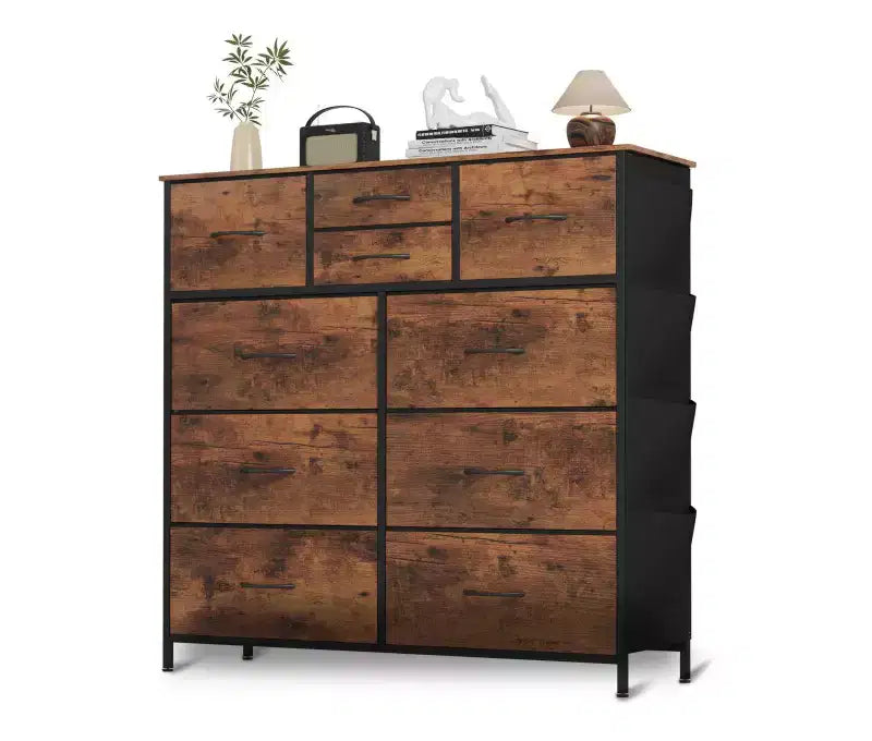 Commode de Rangement à 10 Tiroirs en Tissu avec Cadre en Acier, Plateau en Bois et Poches Latérales Marron Rustique