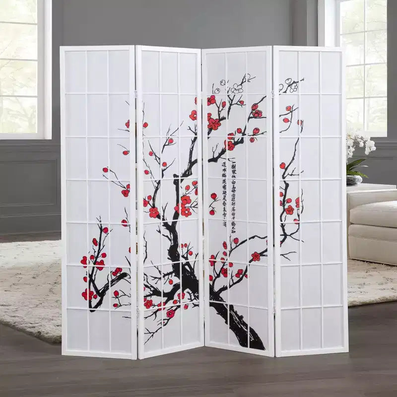 Séparateur de pièce Roundhill Furniture à 4 panneaux japonais, motif fleur de prunier