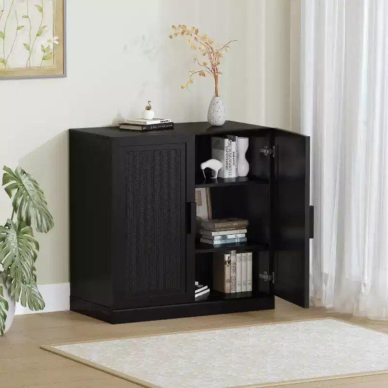 1 meuble de rangement en grain de bois noir (porte en osier), meuble de rangement décoratif