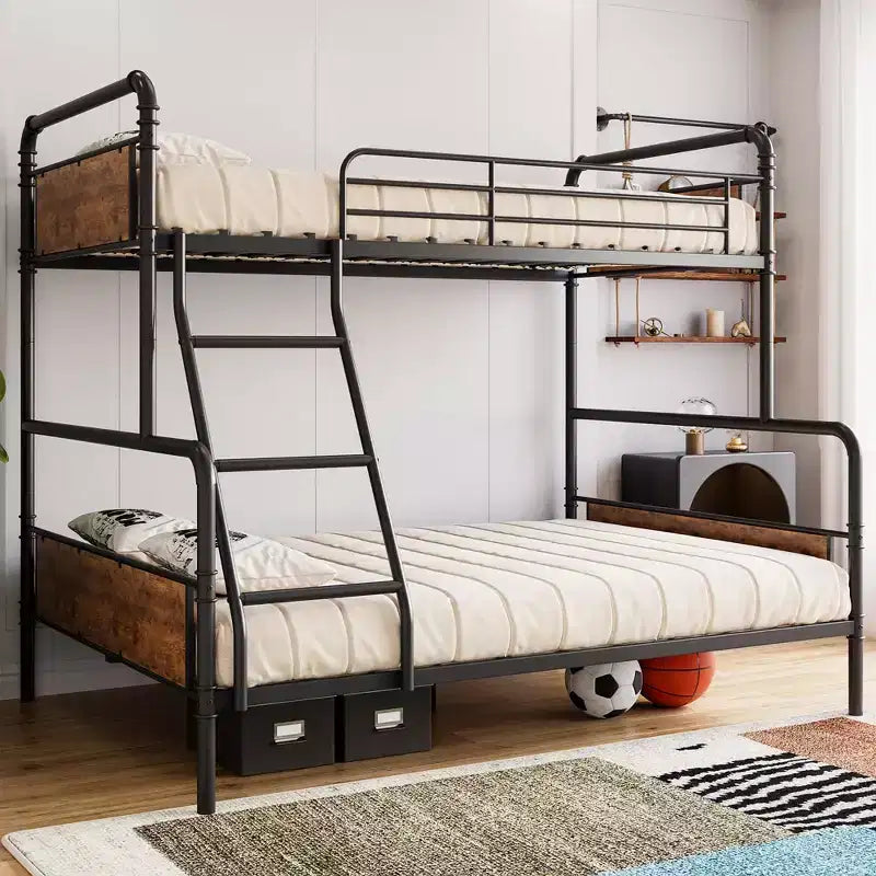 Lit superposé double avec lit inférieur double et barrière de sécurité haute, lits superposés convertibles en métal de taille double pour enfants/adolescents, montage facile, aucun sommier tapissier requis
