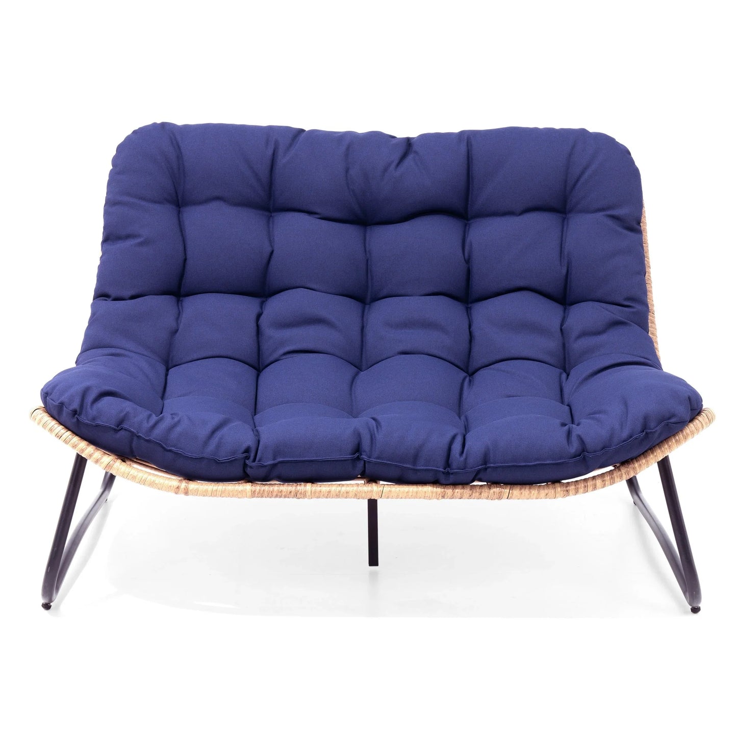 Causeuse double Papasan avec coussin, rotin PE tout temps et cadre en métal pour l'intérieur et l'extérieur