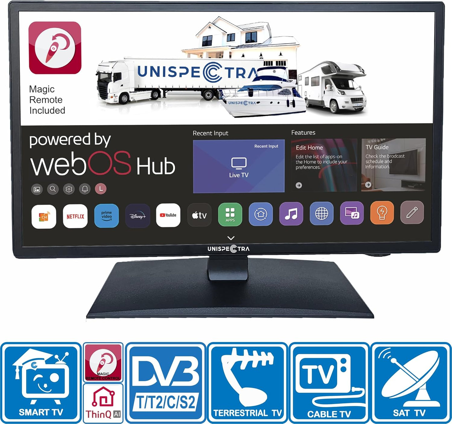 Unispectra  19” Smart TV (webOS) avec Télécommande Magique 12v HDR 230v 24v TV TNT et Tuner Sat 3xHDMI 2xUSB. Téléviseurs 12V pour Camping-Cars, caravanes, fourgonnettes, Bateaux