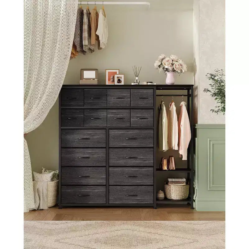 Commode de rangement avec 16 tiroirs, tringle à vêtements et étagères, organisateur de rangement en tissu pour chambre à coucher, placard ou entrée