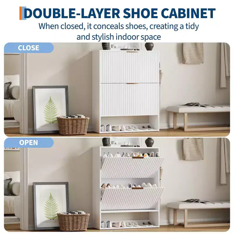 Meuble à chaussures cannelé de 80 cm avec 2 tiroirs abattants et crochets latéraux, organisateur de rangement étroit réglable pour entrée avec étagère inférieure ouverte