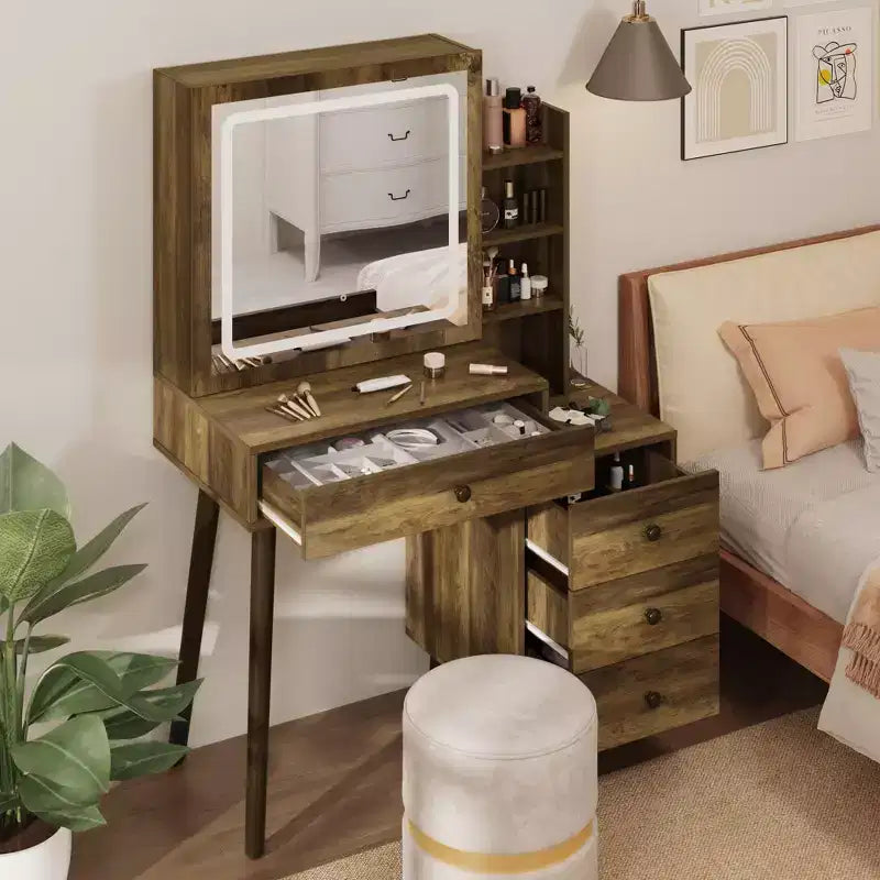 Coiffeuse avec miroir lumineux, table de maquillage Hollywood 3 couleurs dimmable avec 4 tiroirs