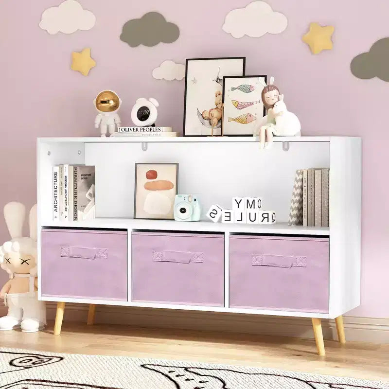 Commode de chambre Okak avec 3 tiroirs en tissu pliable, grand placard de rangement pour jouets, étagère à livres pour enfants pour couloir et chambre d'enfant
