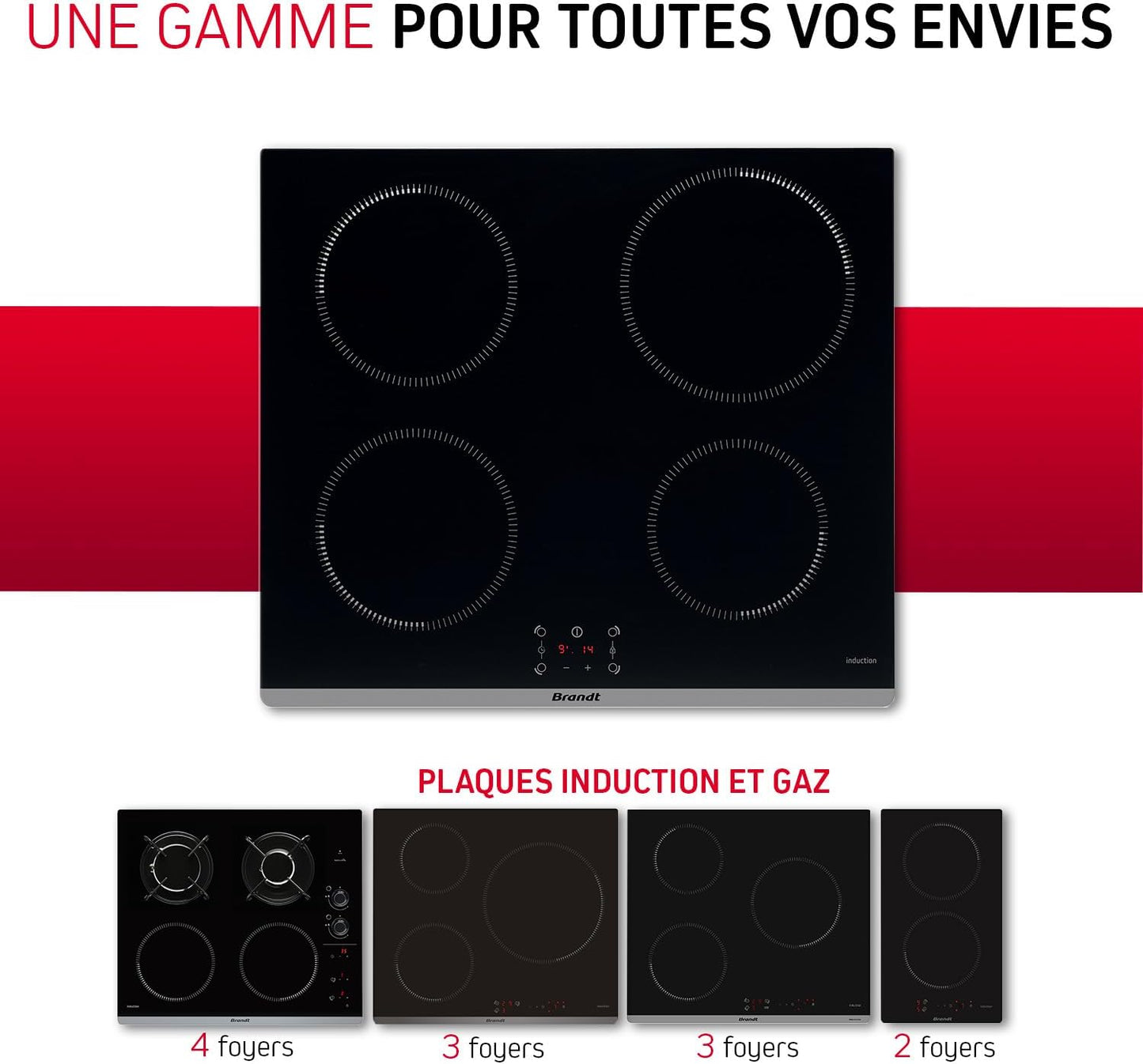 Brandt - BPI6464B - Plaque Induction - Table de Cuisson Encastrable - Noir - 4 Foyers - 7200W - Dimensions Encastrement : 56x49cm - Précision et Performances - Fabriqué en France