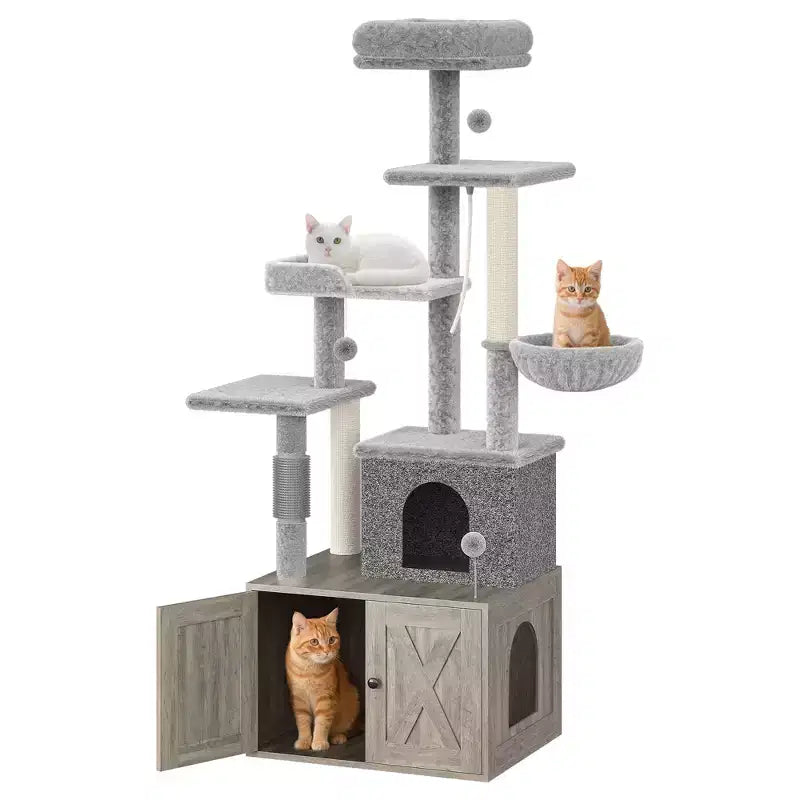 Arbre à chat et tour d'activité moderne 2-en-1 avec cache-litière, meuble pour chat tout-en-un, maison en bois avec espace litière caché pour chaton, avec hamac et poteaux à griffer