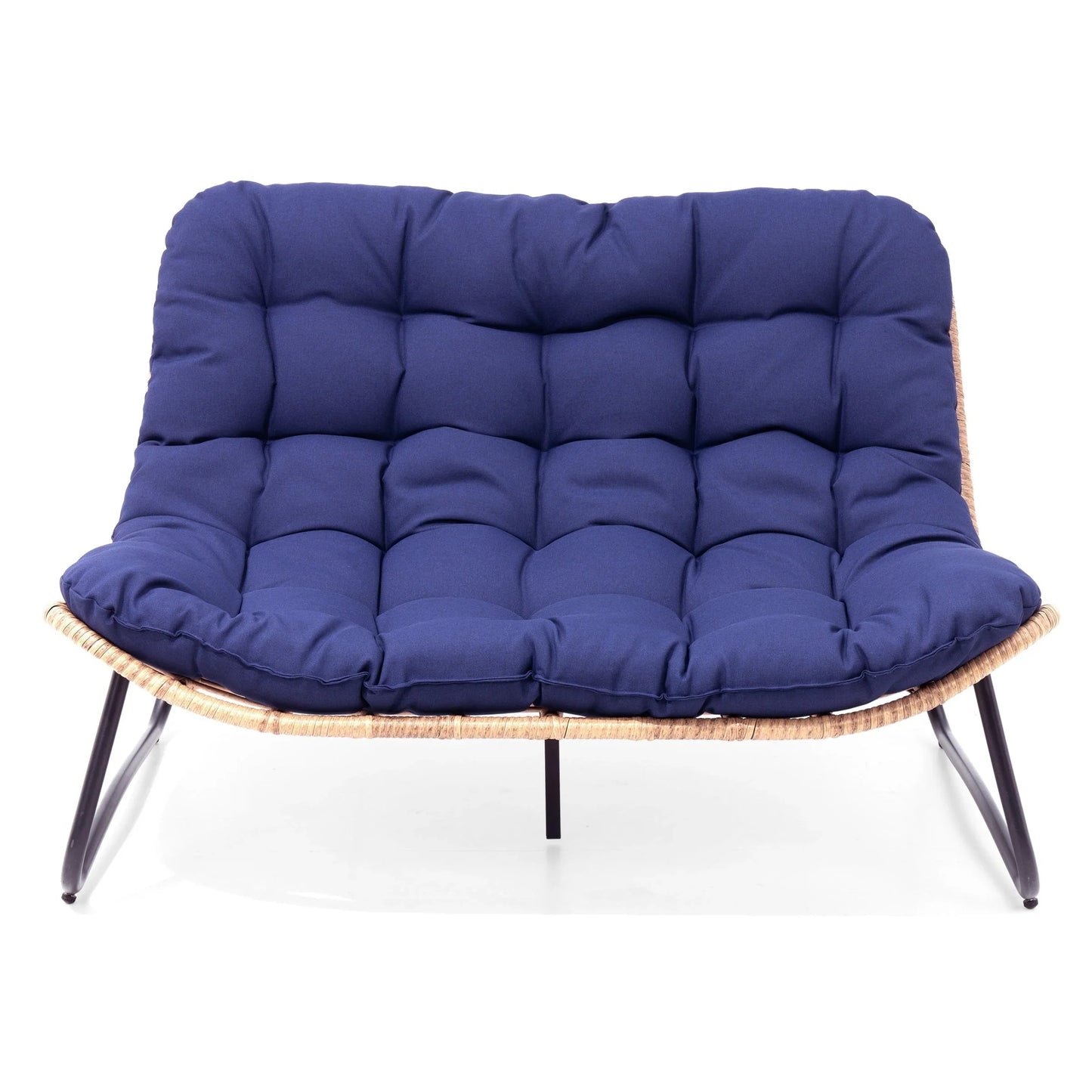 Causeuse double Papasan avec coussin, rotin PE tout temps et cadre en métal pour l'intérieur et l'extérieur