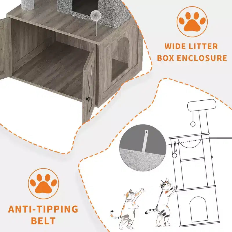 Arbre à chat et tour d'activité moderne 2-en-1 avec cache-litière, meuble pour chat tout-en-un, maison en bois avec espace litière caché pour chaton, avec hamac et poteaux à griffer