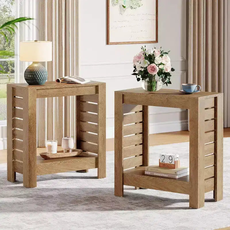 Lantine Lot de 2 tables d'appoint étroites, tables d'extrémité en bois de style ferme à 2 niveaux avec étagère de rangement pour salon, chambre, bureau, assemblage facile