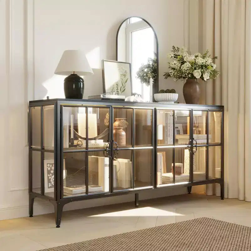 Bibliothèque en verre Famapy, vitrine, armoire de rangement, buffet avec cadre en métal et lumière LED pour salle à manger