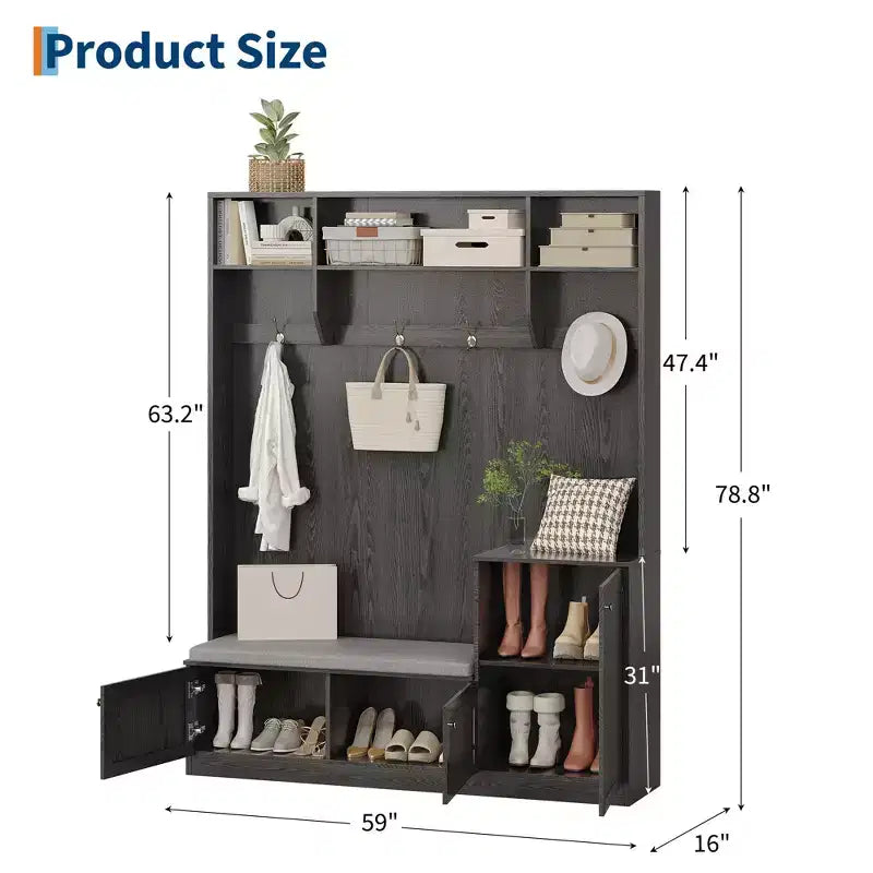 Banc et Rangement à Chaussures, Banc d'entrée de Ferme 3-en-1 avec Porte-Manteau, 4 Crochets, 4 Casiers à Chaussures et 3 Compartiments Ouverts, pour Entrée, Vestiaire