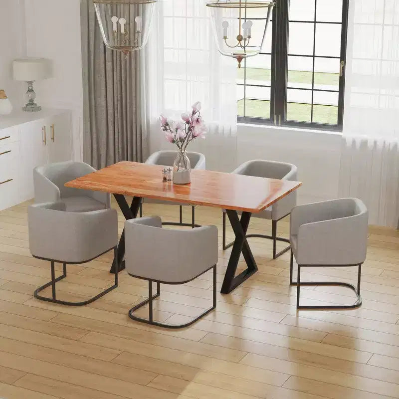 Table à manger rectangulaire Royal Hampton de 67 pouces avec pieds en métal croisés et plateau en bois d'acacia aspect bois naturel