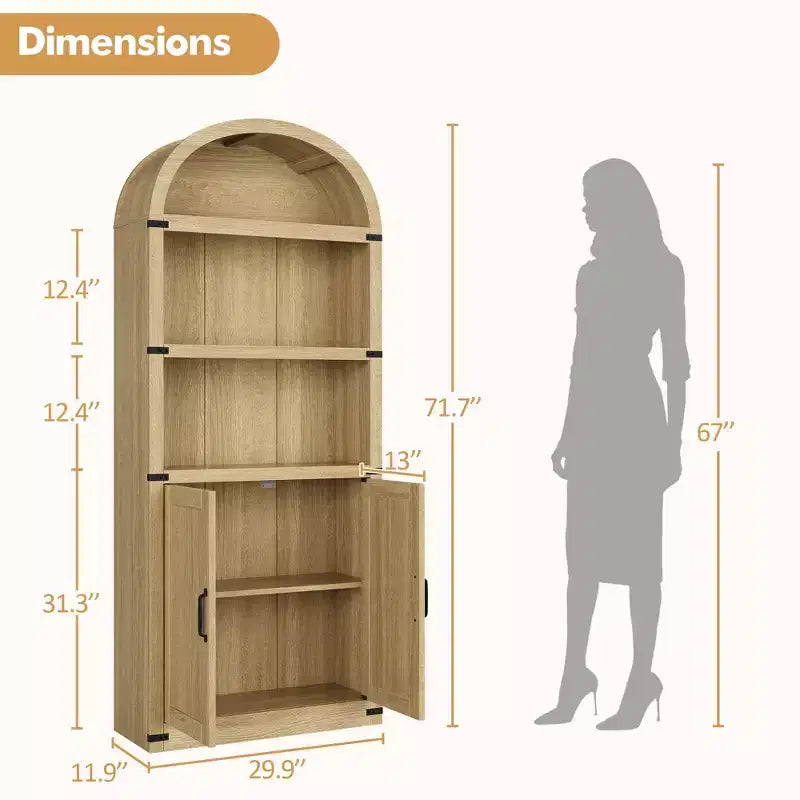 Bibliothèque GustoWave avec portes, étagère arquée de 182 cm de haut, meuble de rangement de style ferme avec étagères, bibliothèques en bois pour bureau à domicile