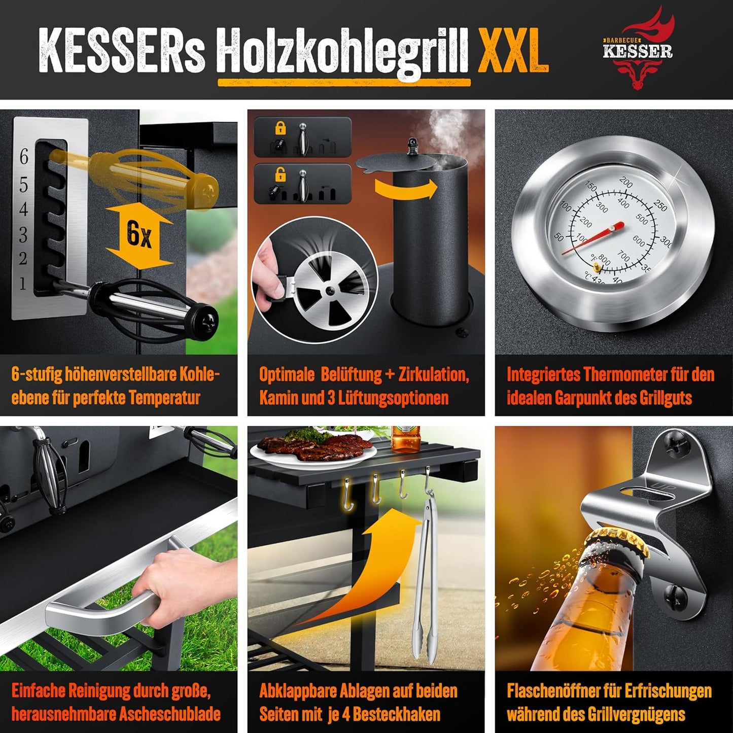 KESSER® Chariot à Barbecue , Grill XXL à Charbon de Bois avec Couvercle, Roues, poignée en Acier Inoxydable, Grille et thermomètre , Grand Barbecue au Charbon de Bois