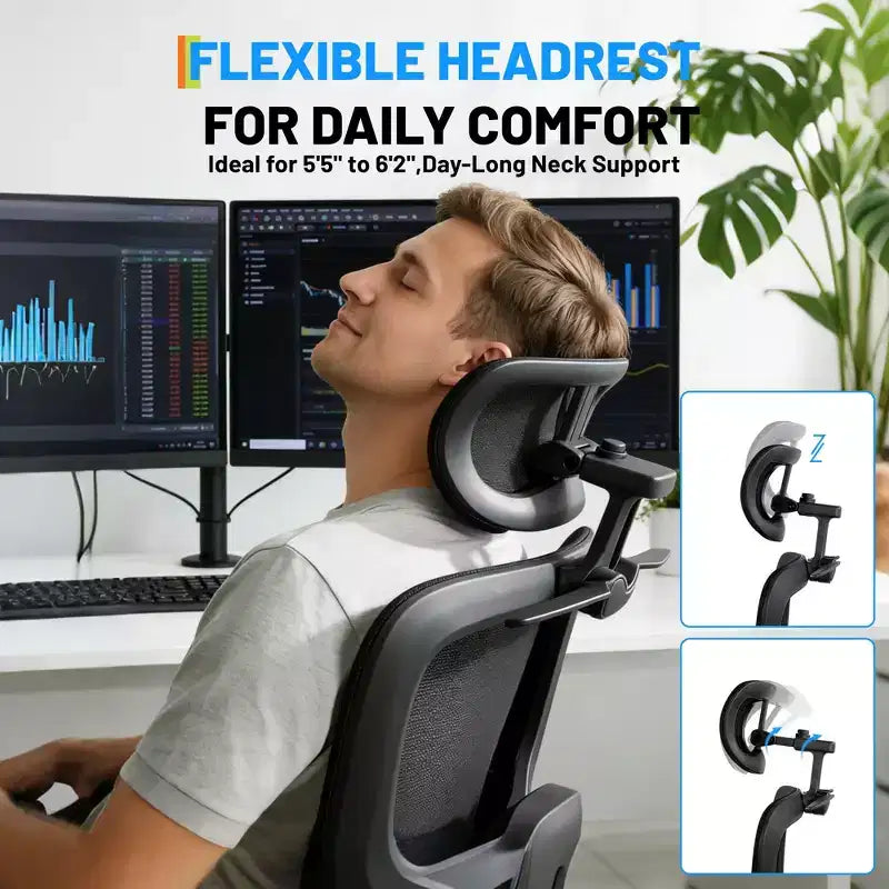 Chaise de bureau ergonomique en maille, Chaise de bureau à dossier haut avec support lombaire réglable 136 kg, Accoudoirs relevables 4D, Dossier inclinable sur 3 niveaux, Appuie-tête 3D, Roues en PU