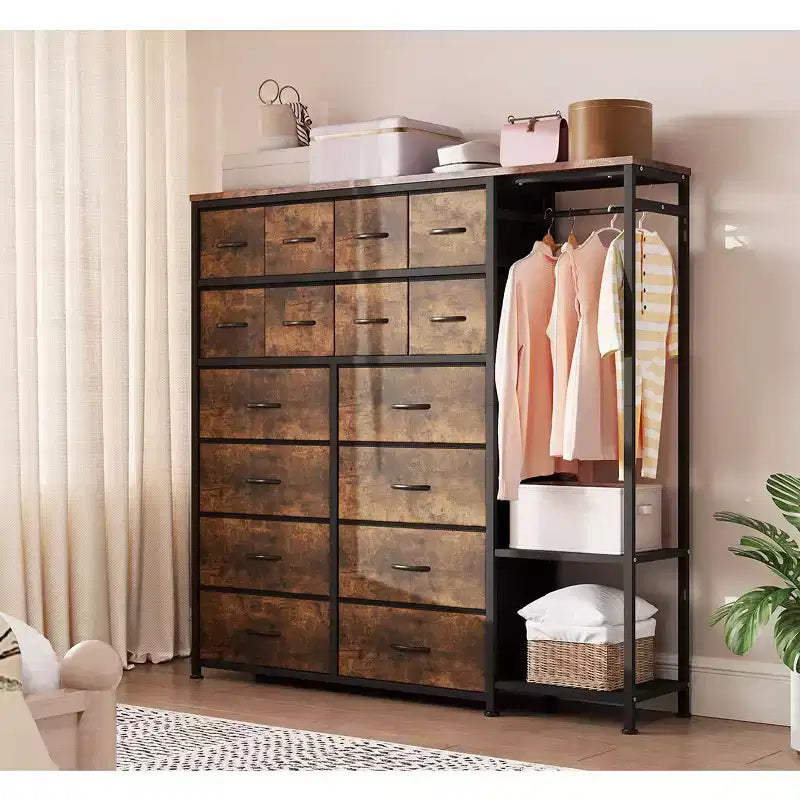 Commode de rangement avec 16 tiroirs, tringle à vêtements et étagères, organisateur de rangement en tissu pour chambre à coucher, placard ou entrée