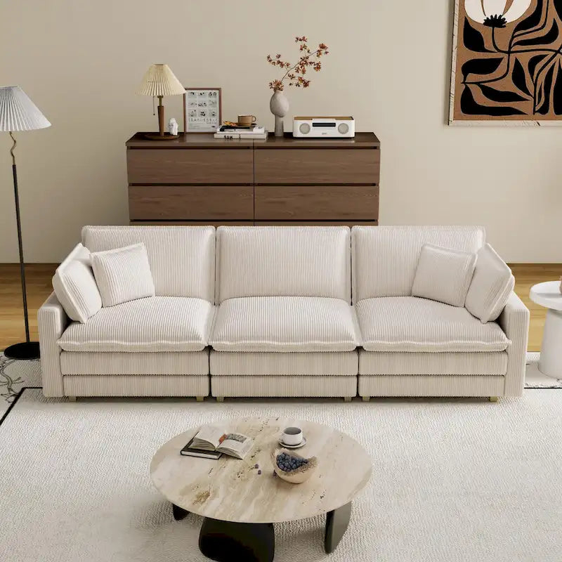 Canapé 4 places classique moderne en velours côtelé 103 avec assise profonde et 4 coussins