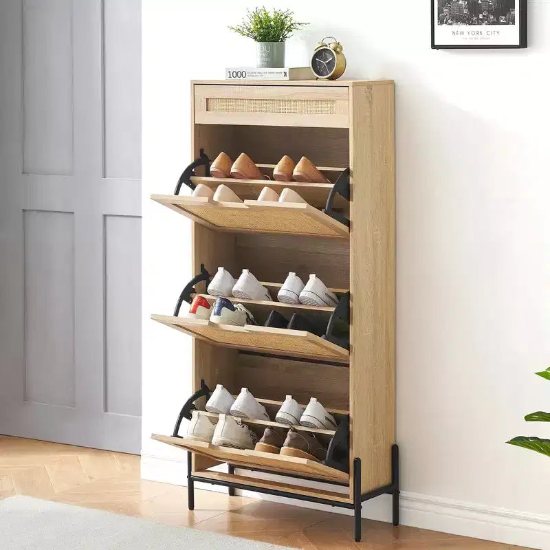 Meuble à chaussures avec 3 tiroirs basculants et 1 tiroir, Organisateur à chaussures en rotin dissimulé avec pieds en métal
