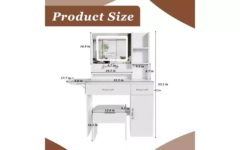 Coiffeuse JVNOXK avec miroir lumineux LED et prise électrique, 3 tiroirs, 7 étagères et tabouret de rangement, convient aux femmes, blanc